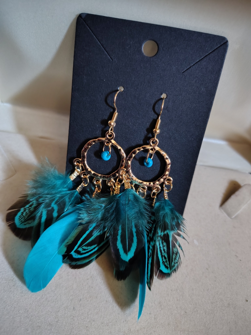 🪶New Boho Turquoise Teal Feather Dangle Hoops